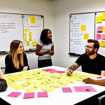 **

A diverse Service Design team collaboratively brainstorming around a large table covered with sticky notes, sketches, and prototypes. The scene is bright and energetic, showing team members actively engaged in discussion and writing on a whiteboard. The overall feel is innovative and user-centered, reflecting the importance of empathy and user research in service design. Focus on the "Researcher" and "Designer" roles.

**