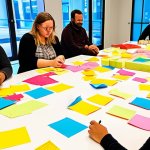 **A vibrant and engaging Service Design workshop scene.** Diverse participants, including customers and designers, are intensely collaborating around a table. They are sketching ideas on large paper, arranging colorful sticky notes, and building simple prototypes with building blocks or cardboard. The atmosphere is filled with energy, creativity, and a sense of shared purpose. Subtle glowing lines or thought bubbles connect individuals, symbolizing empathy and the merging of diverse perspectives into innovative solutions. The setting is modern and bright, emphasizing human connection and collaborative ideation.