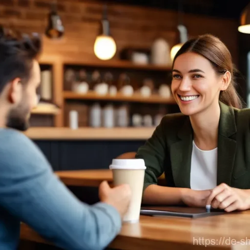 서비스 디자인 사고와 오프라인 및 온라인 통합 전략 - A friendly and empathetic female barista, approximately 30-35 years old, wearing a smart casual unif...