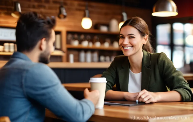 서비스 디자인 사고와 오프라인 및 온라인 통합 전략 - A friendly and empathetic female barista, approximately 30-35 years old, wearing a smart casual unif...