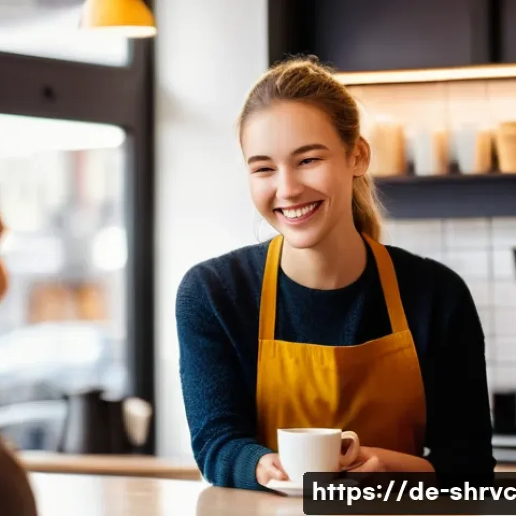 서비스 디자인 사고의 트렌드와 전망 - **Prompt:** A heartwarming scene in a modern, brightly lit café. A friendly female barista, with a g...