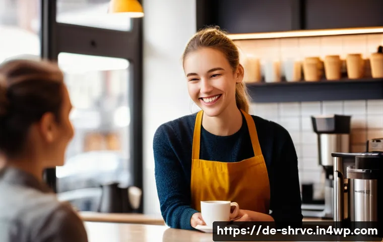 서비스 디자인 사고의 트렌드와 전망 - **Prompt:** A heartwarming scene in a modern, brightly lit café. A friendly female barista, with a g...