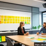 Home 19 서비스 디자인 사고의 사례 기반 학습 방법 - A diverse group of professionals engaged in an interactive workshop setting within a modern corporat...