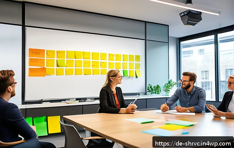 서비스 디자인 사고의 사례 기반 학습 방법 - A diverse group of professionals engaged in an interactive workshop setting within a modern corporat...