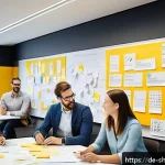Home 18 서비스 디자인 사고를 활용한 가치 제안 개발 - A diverse, modern German office setting where a multidisciplinary team collaborates intensely on ser...