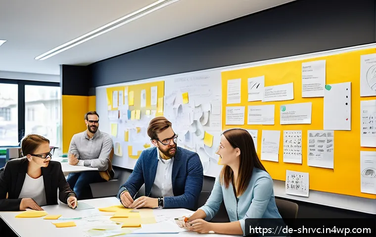 서비스 디자인 사고를 활용한 가치 제안 개발 - A diverse, modern German office setting where a multidisciplinary team collaborates intensely on ser...