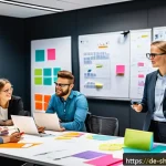 Home 23 서비스 디자인 사고와 데이터 기반 의사결정 - A modern German office setting showing a diverse team of professionals engaged in a collaborative de...